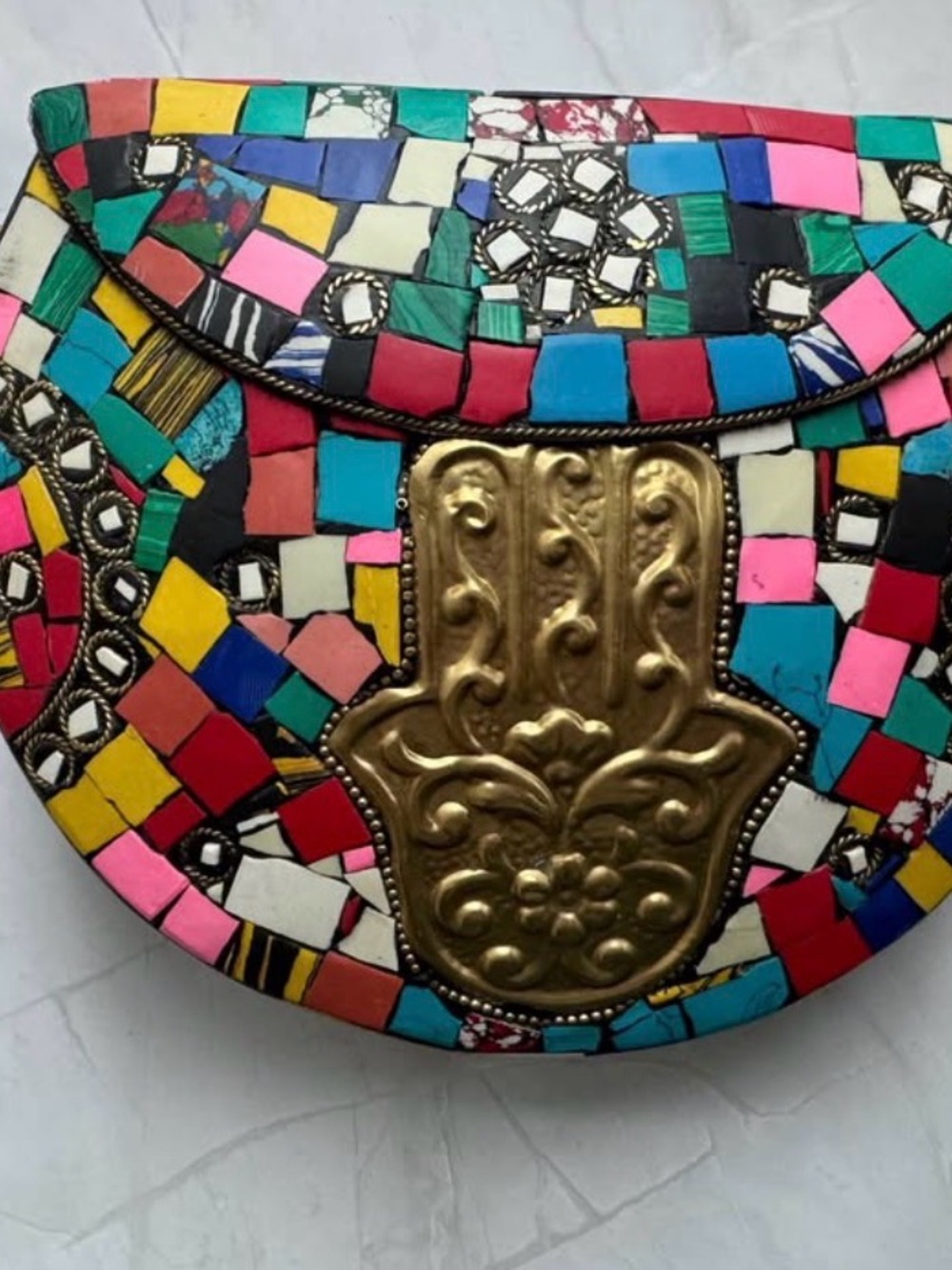 Colorful Mosaic Hamsa Crossbody Clutch with Gold Accent